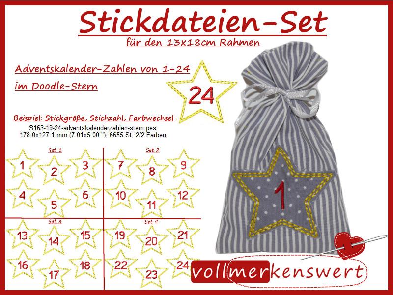 Stickdatei Adventskalender-Zahlen 1-24 im Doodle-Stern 4 Sets Sterne für Weihnachten Adventskalenderzahlen S163